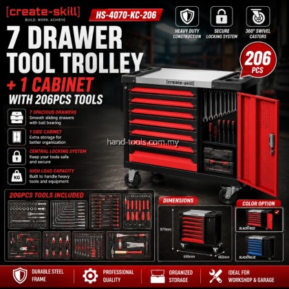 hs-4070-kc-206 7 Drawer tool trolley + 1 cabinet with 206pcs tools